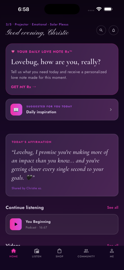 Personalized You’re Born For This app home screen with Daily Love Note, affirmation, and listening recommendations