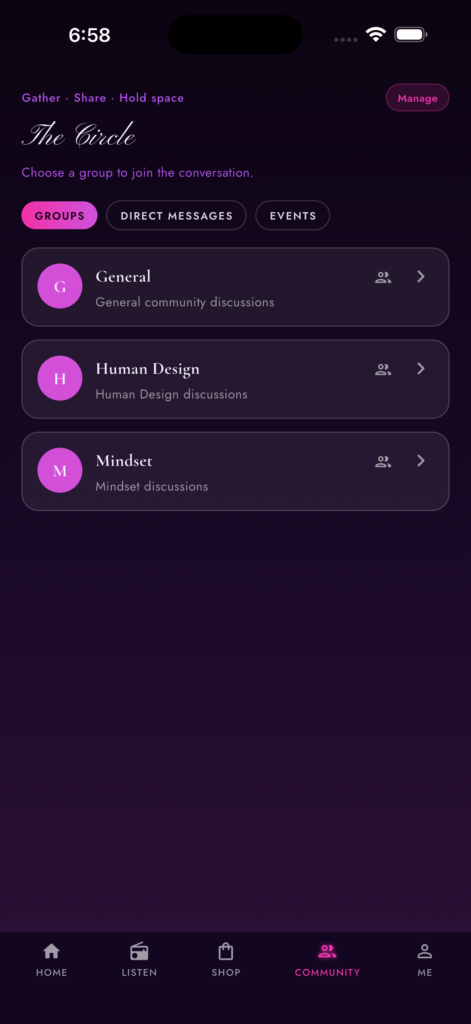 The Circle community area in the You’re Born For This app with groups, direct messages, and events